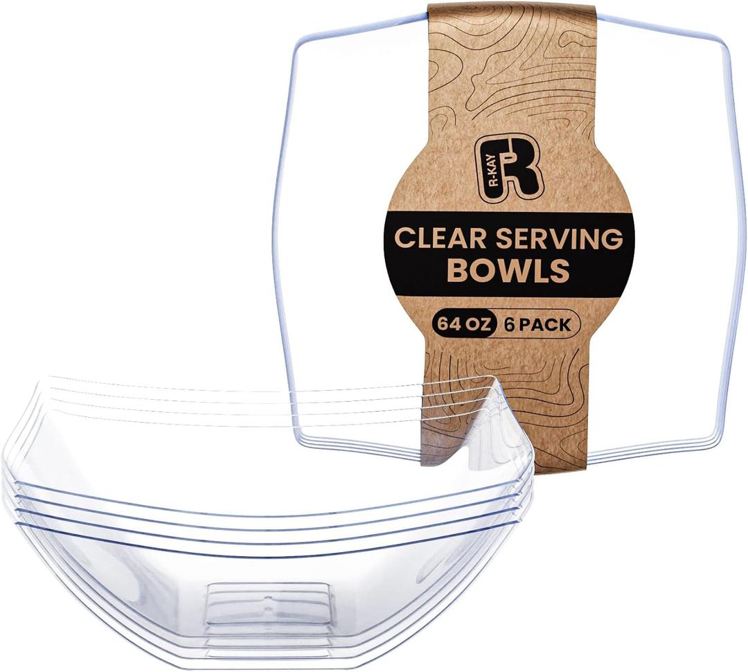 R-kay 6 Pack Extra Large Serving Bowl - 64 Ounce Plastic Serving Bowls For Entertaining - Clear Plastic Bowls For Salads And Snacks - Disposable bowls For All Occasions