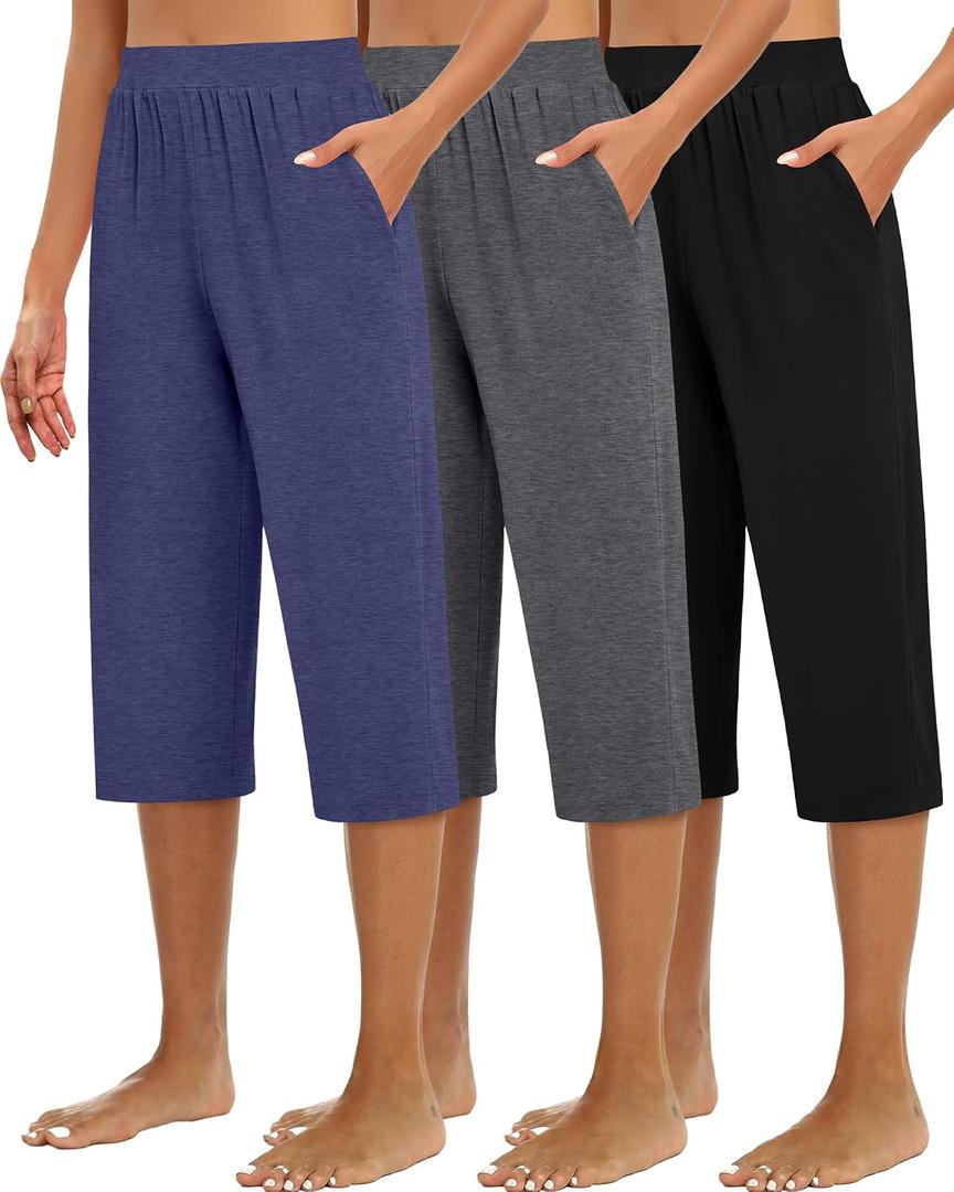 Huukeay 3 Pack Women's Capri Sweatpants Cozy Wide Legs Cropped Capri with Pockets Lounge Jogger Pants Workout Yoga Solid (XL)