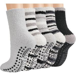 Toes Home Fuzzy Socks Men with Grips, Winter Fluffy Slipper Socks Hospital Cozy Warm Non-slip Thick 5 Pairs