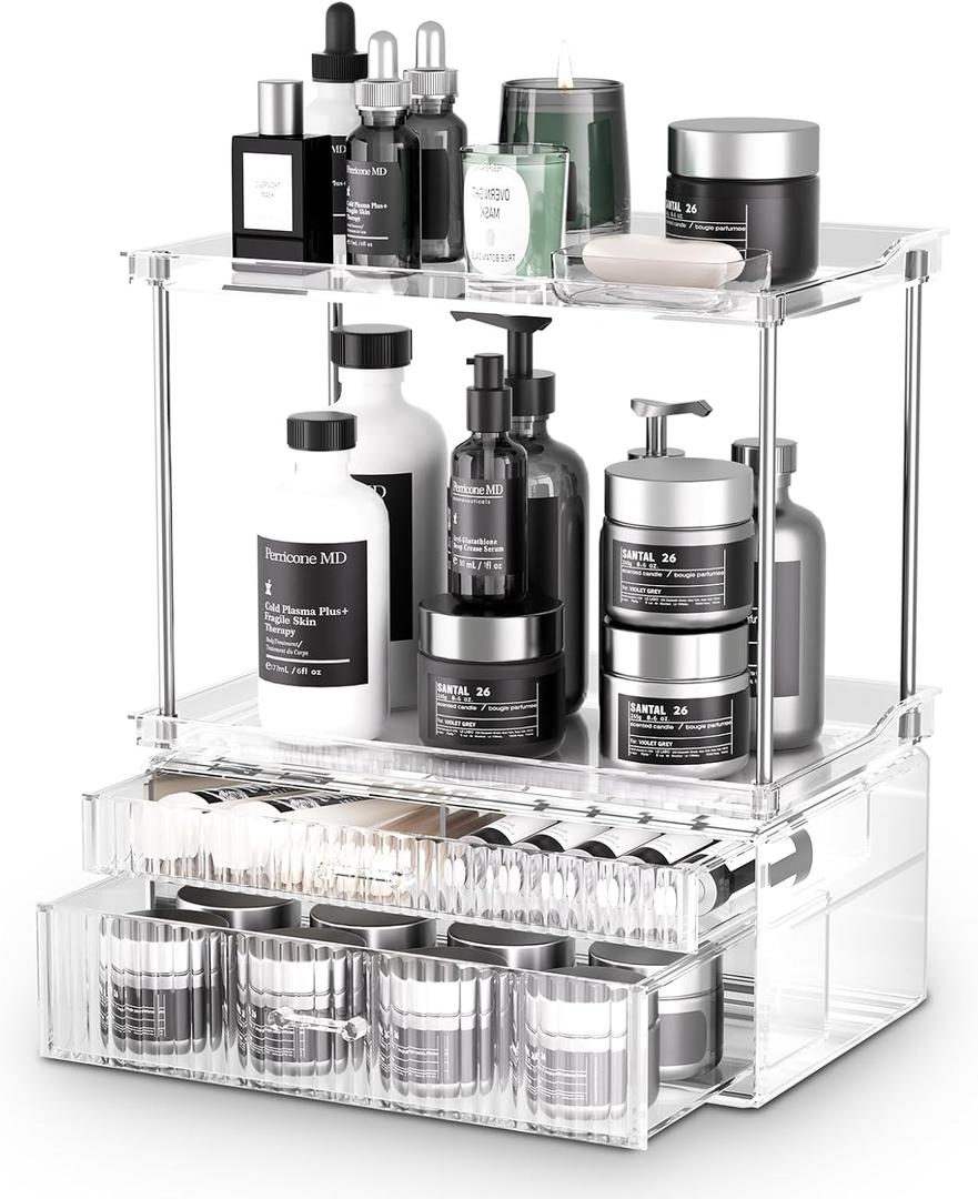 2-Tier 2-Drawer Bathroom Countertop Organizer : Large Multi-Purpose Makeup Vanity Organizer - Perfume & Skincare Storage Amber Clear