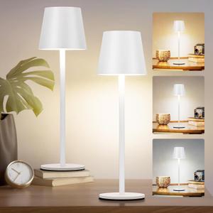 2Pack Cordless Table Lamp, 5200mAh IP54 Waterproof Rechargeable Battery Desk Lamp, 3 Color Stepless Dimming Up, Battery Operated Lamp for Kitchen/Bedside/Outdoor/Restaurant (White)