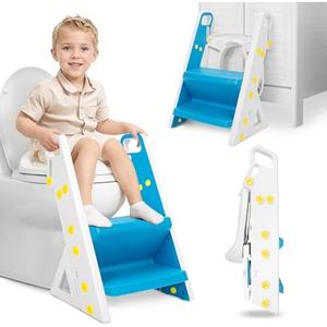 Beavtaens Potty Training Seat, Upgrade Foldable Step Stool, Climbable and Easy to Carry Handles, Adjustable for Different Toilet Heights, Attachment with Stable Structure for Boys and Girls (Blue)