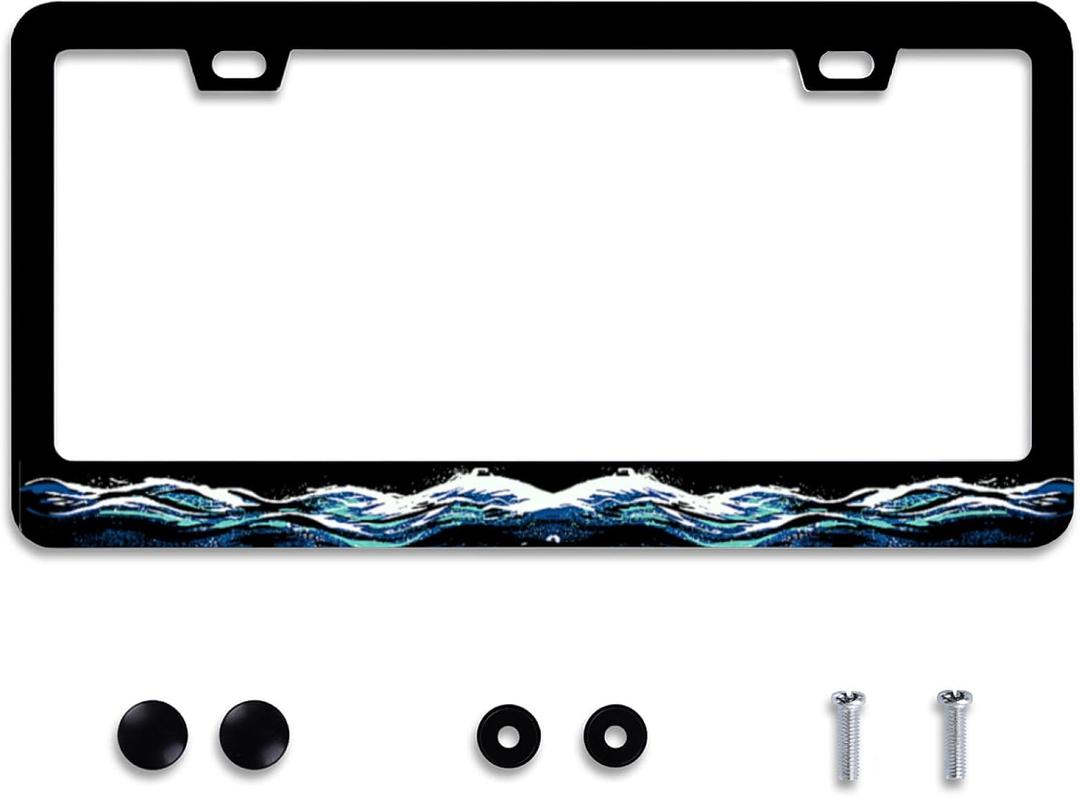 Ocean Wave Watercolor License Plate Frame Plate Traditional Waves Holder Stainless Steel Auto Parts Colorful License Plate Decoration with Screws Size 12.3" x 6.3"