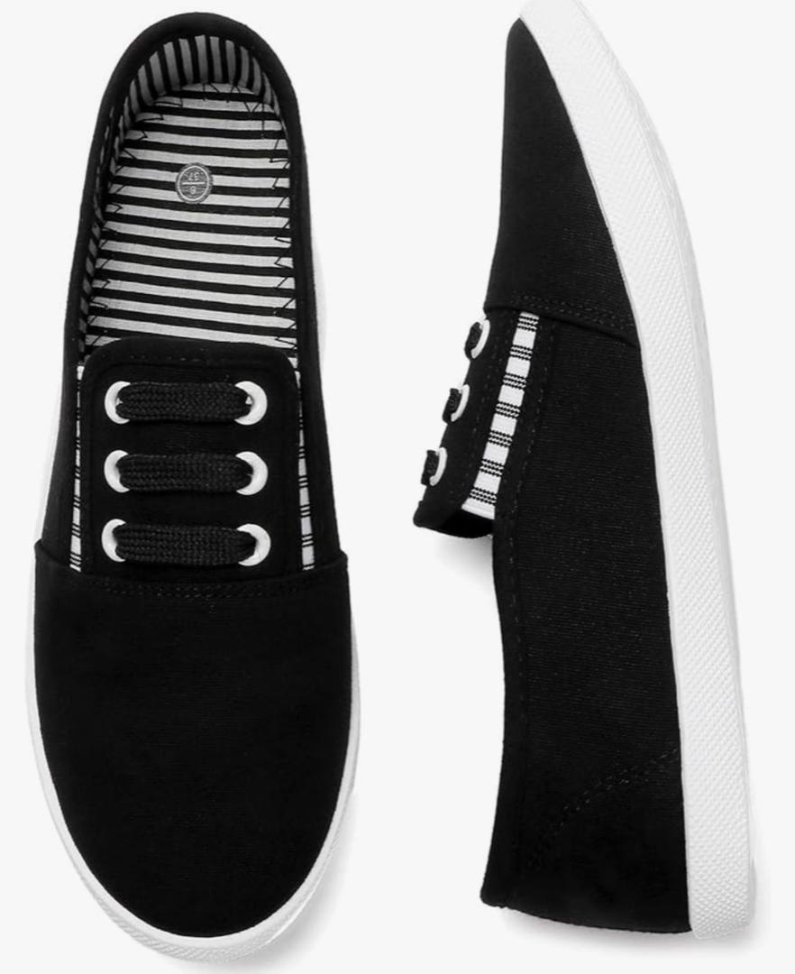 kufeiti Women's Canvas Slip On Shoes Sneakers for Women Fashion Comfortable White Black Elastic Sneakers for Women, 7