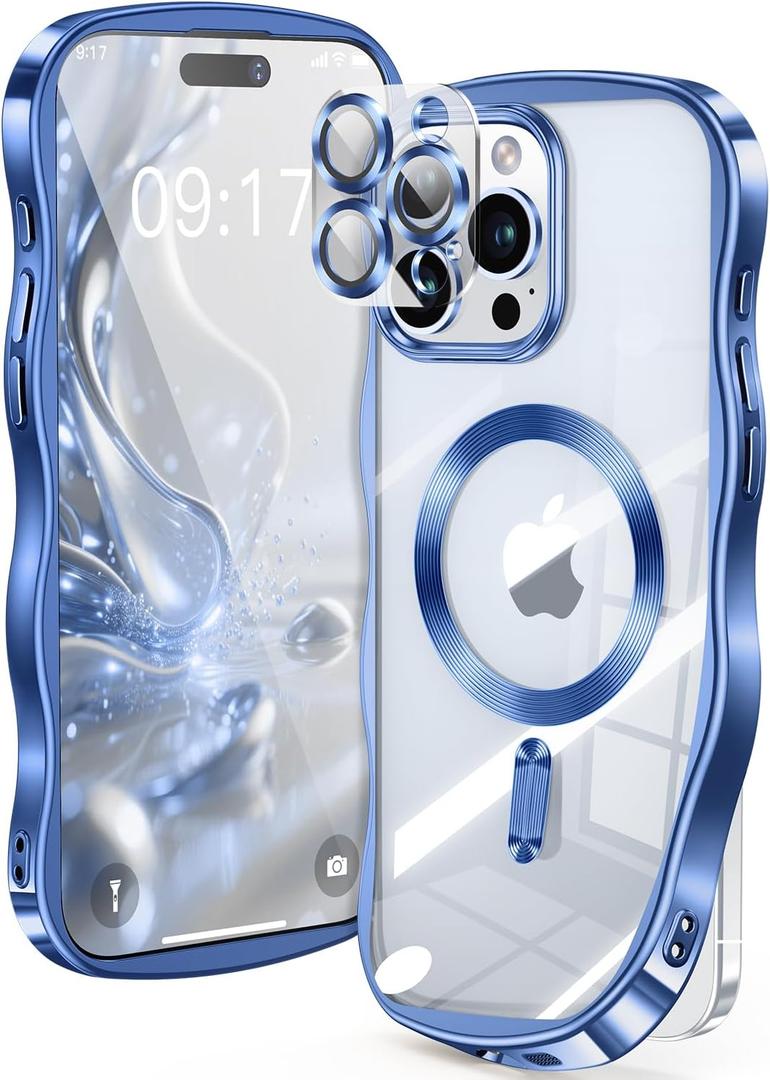 [CD Ring & Curly Wave Edge] for iPhone 15 Pro Case, 2025 Upgraded [Full Camera Protection] [Compatible with MagSafe] Plating Soft Non-Yellowing Clear Case for 15 Pro 6.1 " Men Women ,Titanium Blue