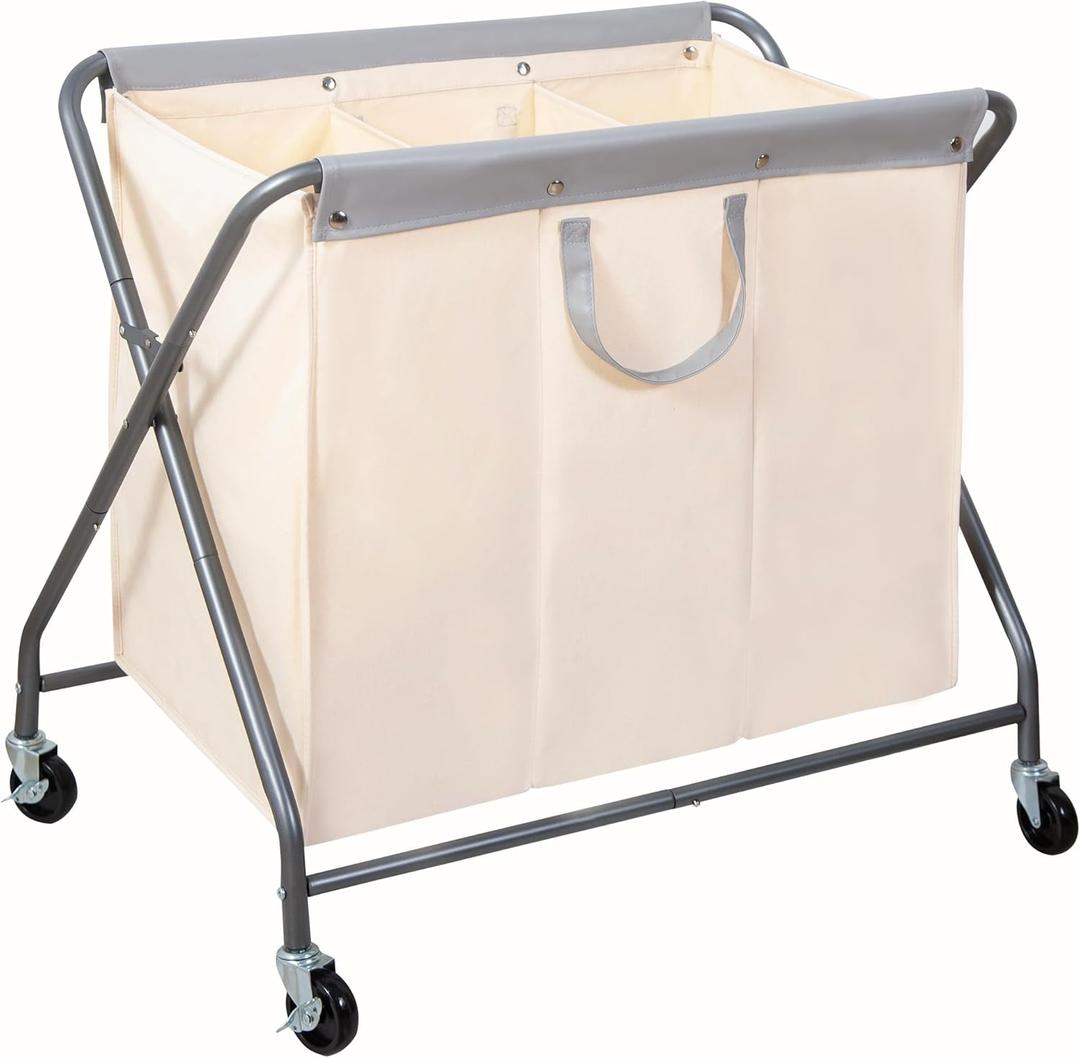STORAGE MANIAC 160L Collapsible Laundry Hamper with Wheels, Rolling Laundry Basket, Heavy Duty Cloth Sorter with Removable Bag, Folding X Frame Clothes Organizer Cart for Easy to Store, 3 Section (Beige)