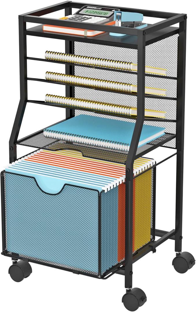 Rolling File Cart, 6-Tier Desk File Organizer on Lockable Wheels, Black Wood Planks & Mesh Sliding Hanging Folder Drawer, Organization Cart for Office Home School