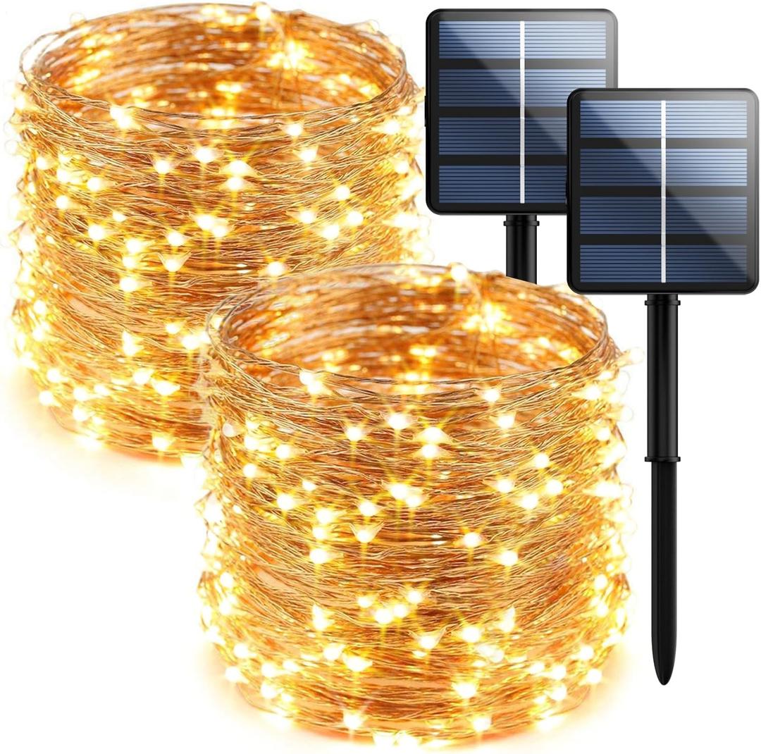 2-Pack 200 LED Solar Fairy Lights Outdoor, Upgraded Oversize Lamp Beads & Super Bright Solar String Lights Outoor, 8 Modes Solar Lights for Garden Patio Decorations (Warm White)