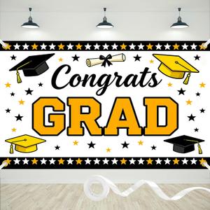 2 x Congrats Grad Banner 71x43 Inches Polyester Graduation Banner Class of 2026 White and Gold Graduation Photo Backdrop for Prom Parties and Celebrations Decorations with Ribboon