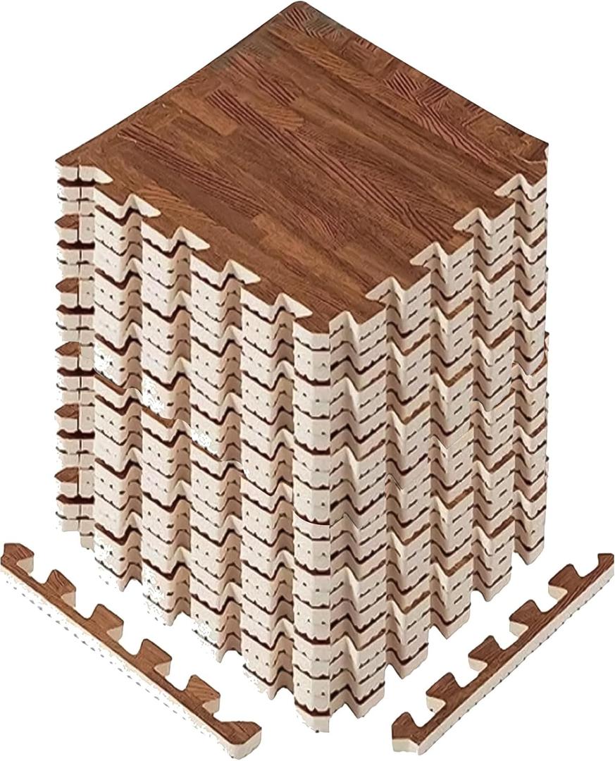 Yes4All 12,24,36 SQ.FT Wood Grain Puzzle Exercise Mat Protective Flooring, EVA Interlocking Foam Floor Tiles with Border for Home (B. Oak Wood Dark)