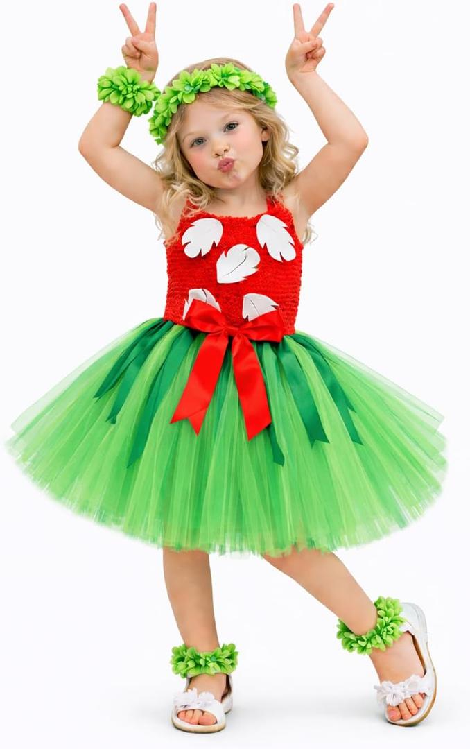 Girls Hawaiian Tutu Dress with Leaf Accessories-Red Green Luau Hula Costume forKids 18M-12 for Birthday or Halloween (11-12 Years)