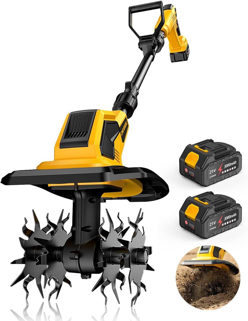 DEGGE Tiller, Cordless Tiller Cultivator with 48 Steel Tines