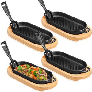 4 Pcs Cast Iron Fajita Skillet Pan Set Sizzling Steak Plate with Wooden Base and Removable Handle Cast Iron Grill Frying Pan for Home Restaurant Kitchen Cooking (8.66 x 4.33 Inch)