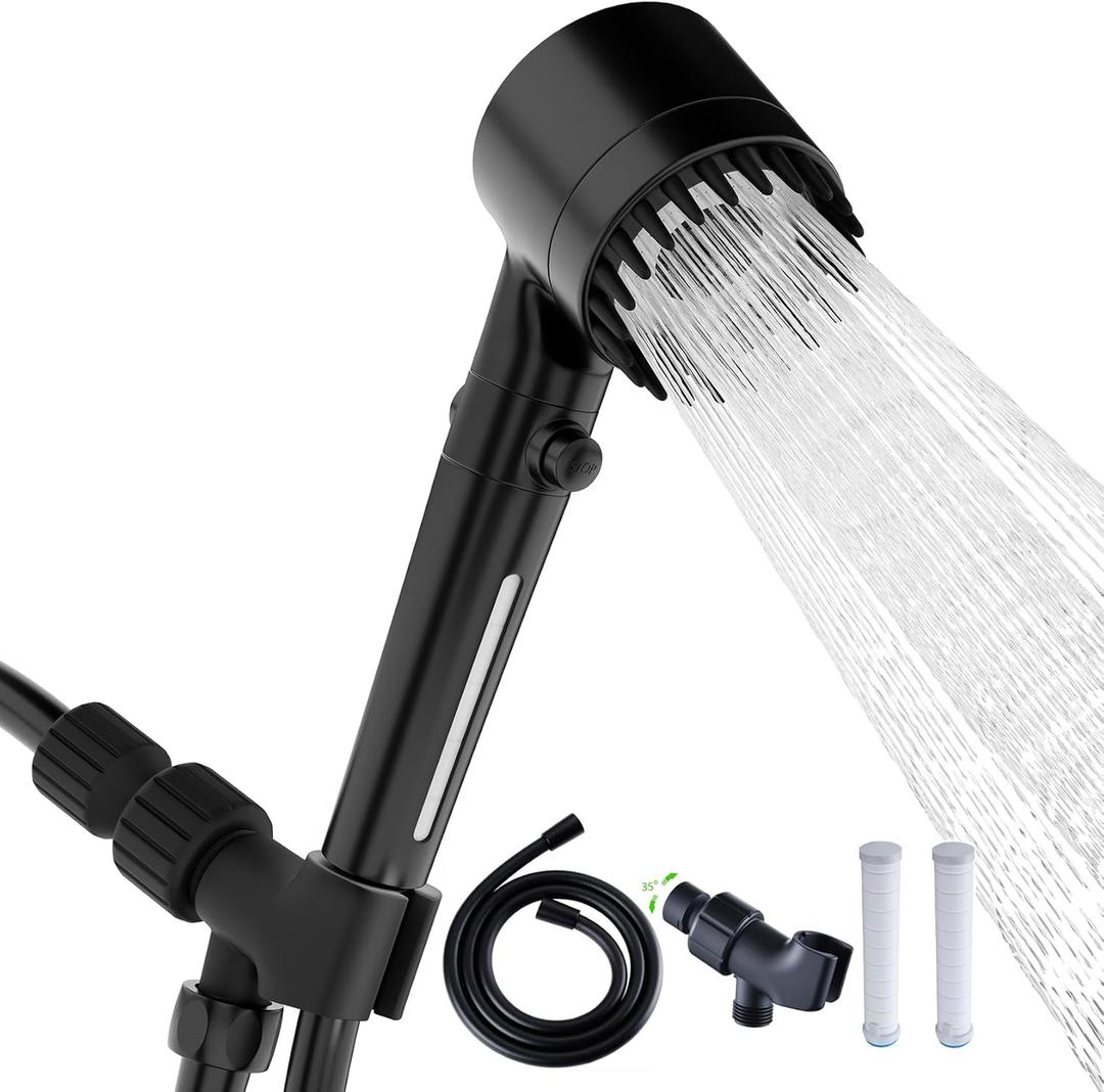Shower Head with Handheld, Shower Heads High Pressure, High Flow Even with Low Water Pressure-Hand Held Showerhead Set,3 Modes Filtered Showerhead with 59Replacement Hose/Bracket/Cotton Filters (solid black)