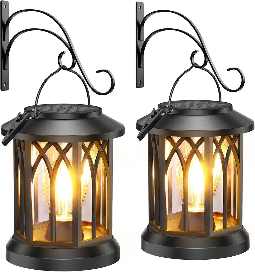 Solar Lantern Outdoor Lights with Wall Mount Kit, 2 Pack Upgraded Solar Lanterns Outdoor Waterproof, Hanging Solar Lights for Outside Decorative Yard Patio Path Porch Garden Decor