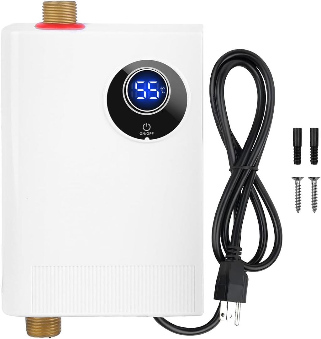 3000W Electric Mini Tankless Water Heater Portable Instant Hot Heaters on Demand with Smart Digital Display Time for Indoor Bathroom Kitchen RVs