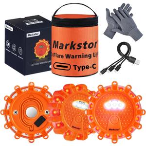 LED Road Flares 3 Pack Roadside Emergency Car Kit, Road Safety Flare Light USB Rechargeable (lithium battery),Safety Beacon Warning Light | 9 Flash Modes,With Magnet & Hook