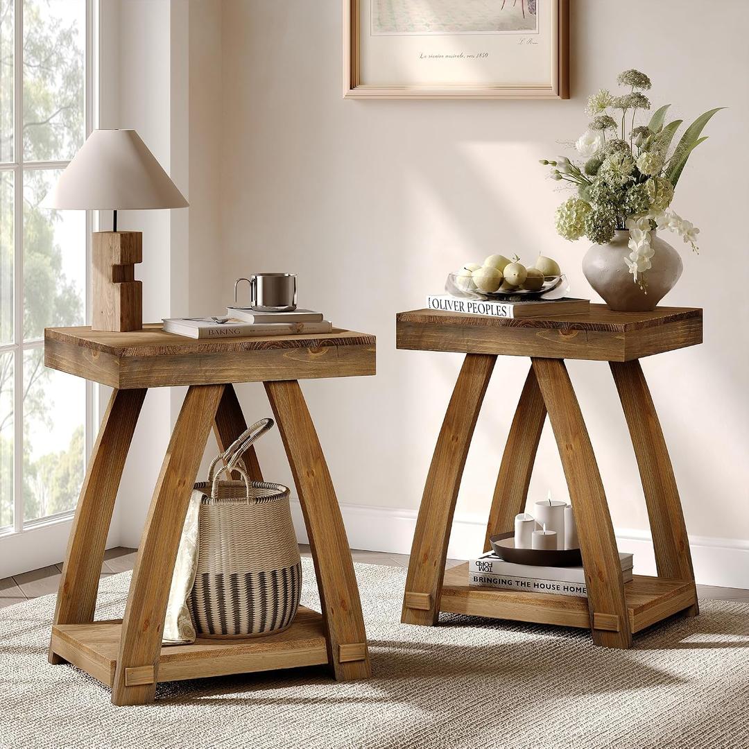 Set of 2 Solid Wood End Tables with Slightly Curved Legs