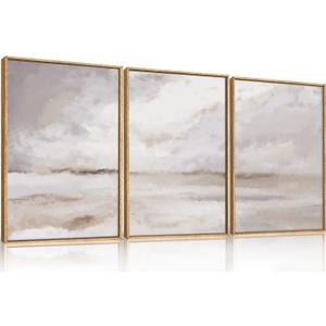 Large Neutral Abstract Framed Canvas Wall Art Set,Minimalist Gray and Beige Pastel Wall Decor,Modern Nature Misty Textured Art Painting for Living Room,Bedroom-16 x24 x3