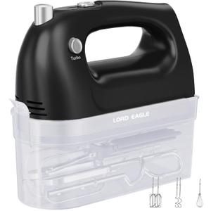 Lord Eagle Hand Mixer Electric Handheld 400W, 5-Speed Lightweight Kitchen Mixer with Storage Case, 5 Stainless Steel Attachments for Baking Cake Egg Cream Food Beater, Turbo+Eject Button (General, Black)
