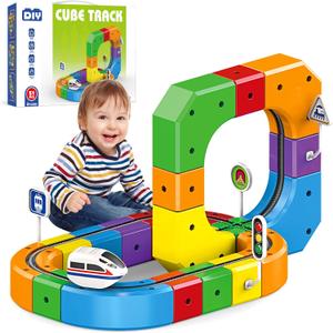 Electric Magnetic Train Track Set, 3D Anti-Gravity Flexible Race Tracks with Motorized Train and Traffic Signs, STEM Building Toy for Kids