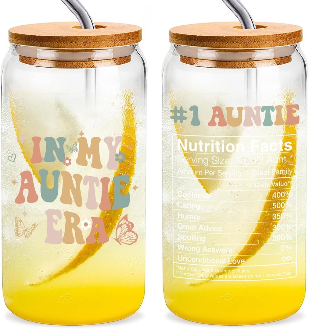 In My Auntie Era 16 Oz Coffee Glass Cup, Aunt Gifts From Niece Nephew, Promoted To Aunt Best Auntie Christmas Valentines Mothers Day Gift