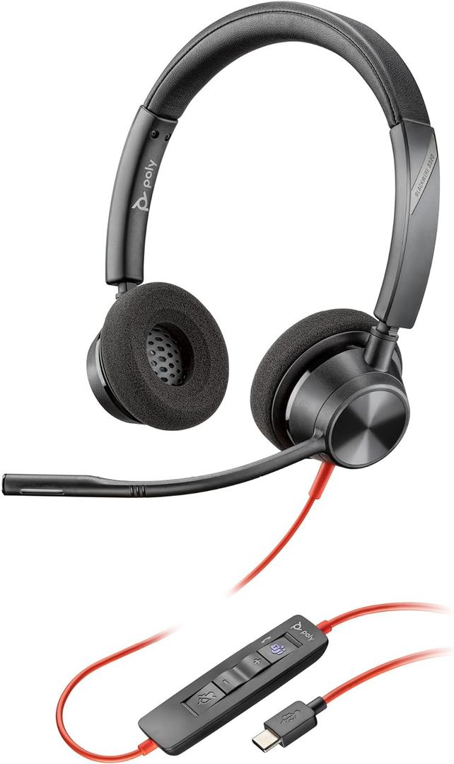 Poly Blackwire 3320 Wired Headset (Plantronics) Flexible Microphone Boom Hi-fi Stereo - Connect to PC/Mac via USB-C or USB-A - Certified for Microsoft Teams