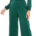 YUNDAI Womens Jumpsuit Fall Long Sleeve V Neck Casual Loose One Piece Outfits Wrap Waist Pants Long Romper with Pockets, L