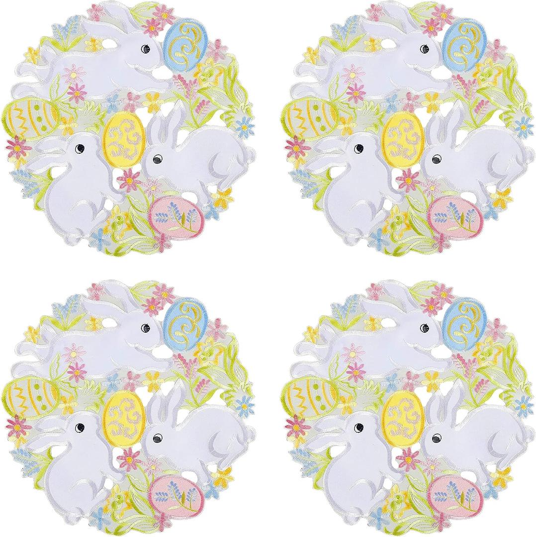 Easter Placemats Set of 4 Round Spring Bunnys Flowery Table Runner Cutwork Embroidered Floral and Bunnys Dresser Scarf Table Topper Home Kitchen Dining Tabletop Decoration