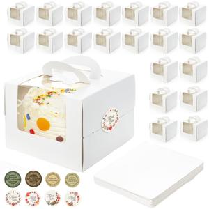 20 Pack Cake Boxes with Boards, 7.8 x 7.8 x 6 Inch Bakery Boxes with Clear Window, Stickers, Disposable Tall Square Cake Container for Cake, Donut, Pie, Cookies, Wedding, Birthday Party