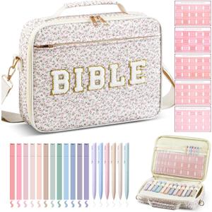 Quilted Bible Cover Case for Women 12 x 9 x 2.5 Inch Bible Chenille Letter Bag with Shoulder Strap Carrying Tabs 6 Colored Pens 12 Highlighters Christian Church Study Gifts(Pink,Floral,)