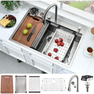 33x22 Drop In Kitchen Sink with Waterfall Stainless Steel | Top Mount with Cup Washer Workstatin Ledge 16 Gauge Single Bowl Multifunctional Waterfall Sink, Adjustable Hot and Cold Water, 33" W x 22" D x 10" H