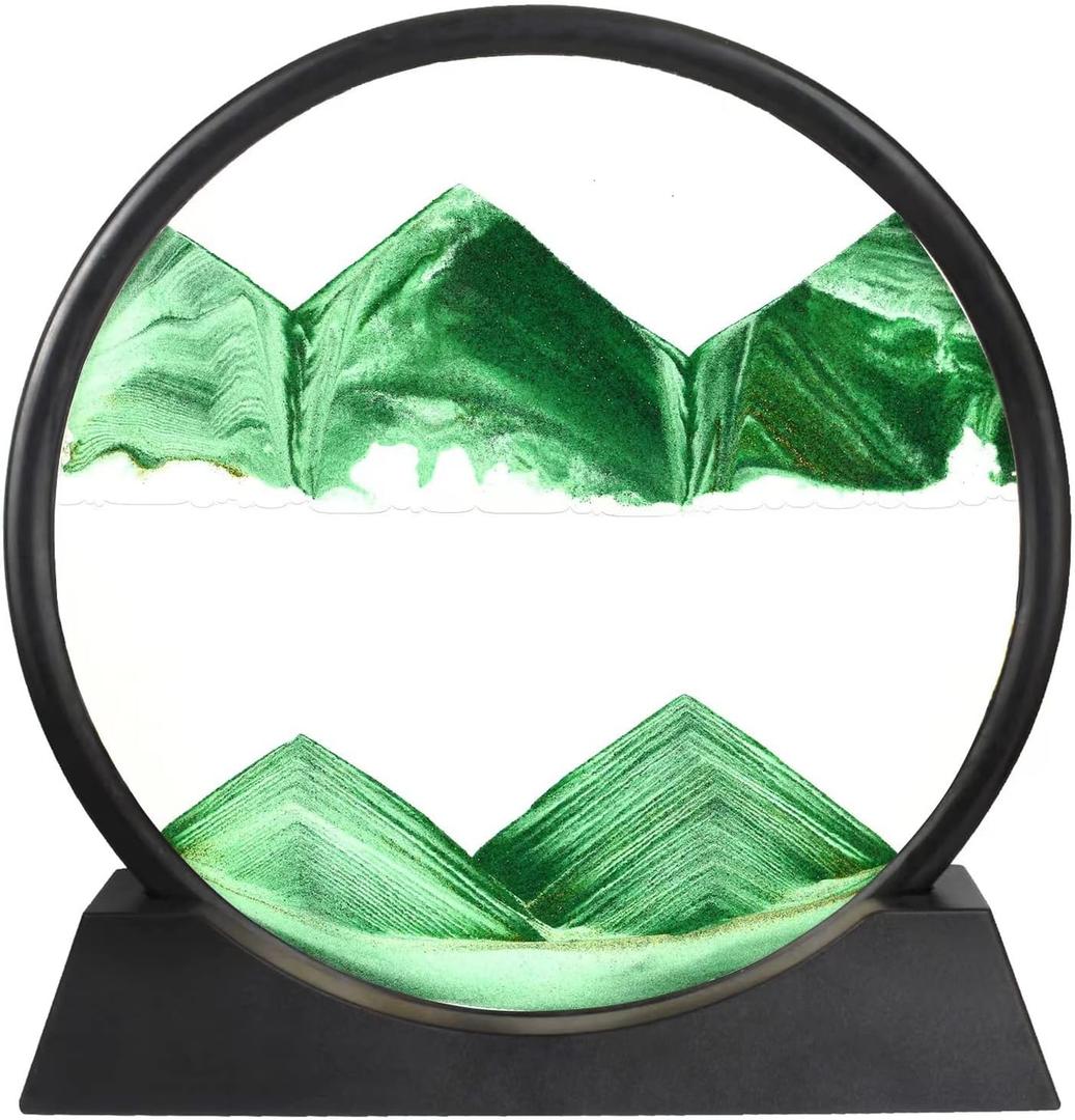 Arthink Moving Sand Art Picture in Motion Round Glass 3D Deep Sea Landscape, Dynamic Sand Art Sandscapes, Sensory Relaxing Desktop Table Decor Desk Decor Art Desk (7 inch, Green)