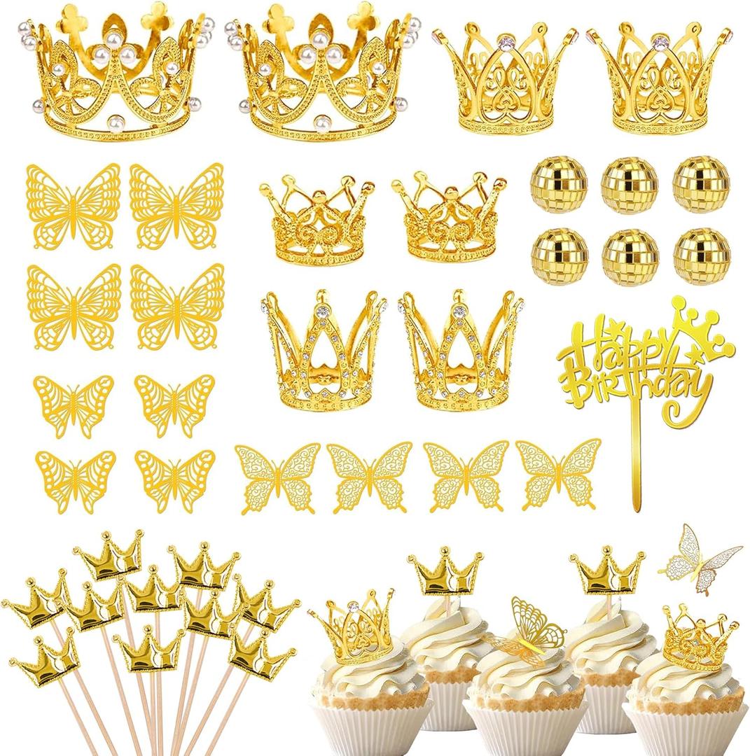 37 PCS Crown Cake Topper Mini Gold Crown Butterfly Disco Ball Decorations for Women Wedding Birthday Supplies (Gold)