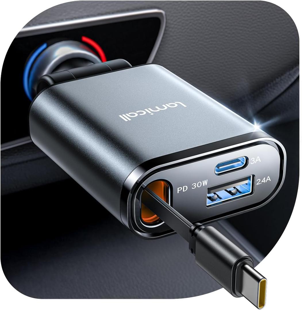 Lamicall Car Charger USB C Compatible with iPhone 17 16 15 Fast Charging [Ultra-Compact, 60% Less Space] 57w Type C Retractable Car Charger Fit Samsung Galaxy S25 S24 Ultra Pixel Android (Grey)