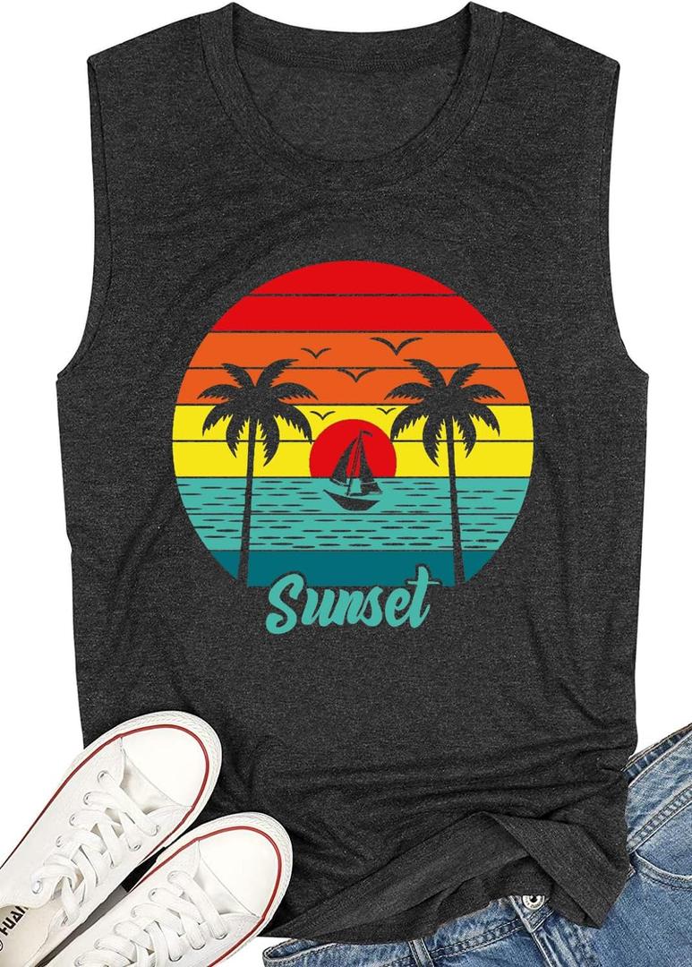 Beach Tank Tops for Women Summer Casual Short Sleeve Hawaiian Graphic Print Beach Vacation Tank Tee (M)