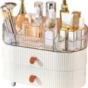 DASITON Makeup Organizer with Drawer,6 Slots Stackable Makeup Brush Holder,Skincare and Cosmetic Organizer for Bathroom Vanity Countertop Makeup Storage for Cosmetics,Brushes,Lipstick and Jewelry (1 Tray + 2 Drawer, Cream)