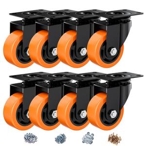3 Inch Caster Wheels, Casters Set of 8 Heavy Duty, Orange Polyurethane (PU) Casters, Industrial Swivel Top Plate Castor Wheels for Workbench/Furniture/Cart (Pack of 8)