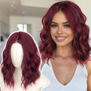 AISI HAIR 14 Inch Wine Red Wigs for Women - Shoulder Length Wave Wig with Pre-Cut Lace Hairline, Middle Part Natural Wavy Bob Synthetic Heat Resistant Fiber for Daily and Party