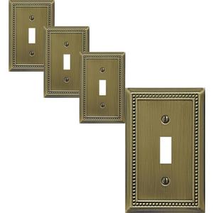 Single Toggle Light Switch Cover Belaire Beaded Metal Wall Plate, 4-Pack Antique Brass 1 Gang, for Light Switch Cover Decorative Wallplate, Durable