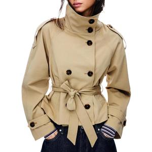 Maohao Women's Cropped Trench Coat Double Breasted Short Jacket High Collar Fall Winter Coats Trendy Outfit with Belt(Khaki, S)
