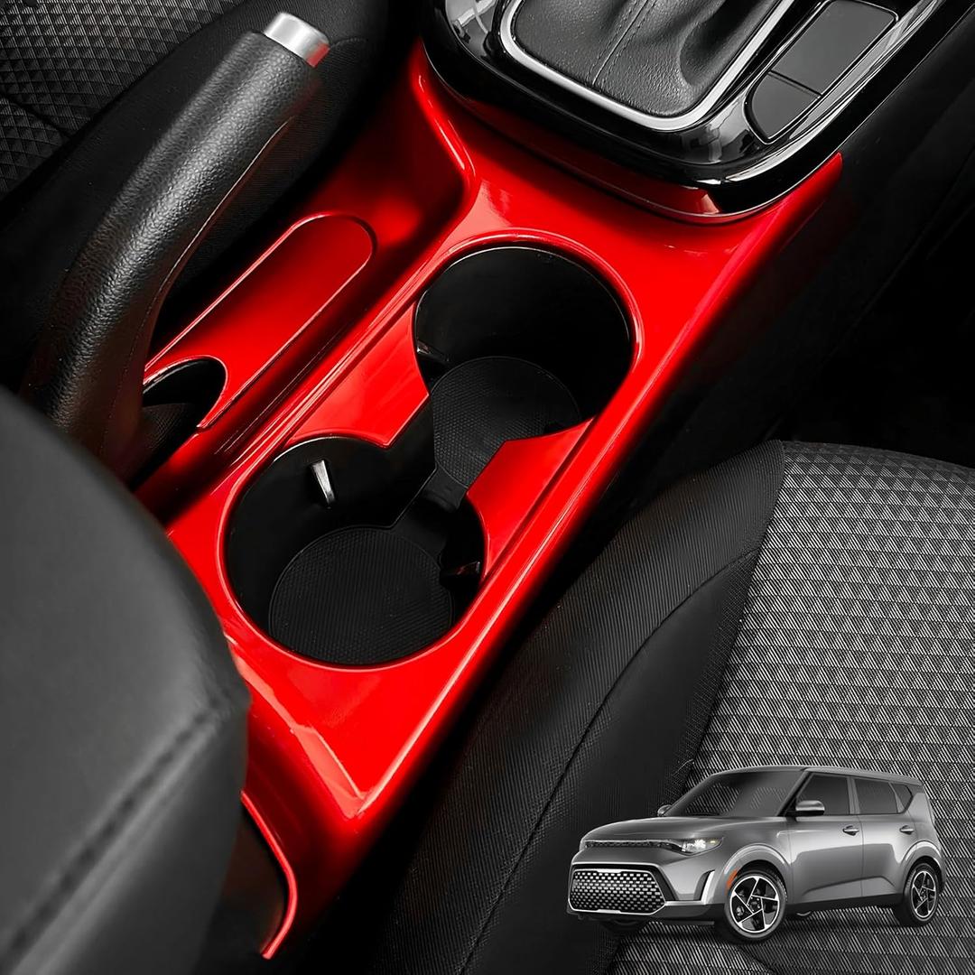 Car Center Console Water Cup Holder Frame Cover Front Central Cup Holder Panel Protective Cover Decals Compatible with Kia Soul 2020-2025 Accessories (Glossy Red Style)
