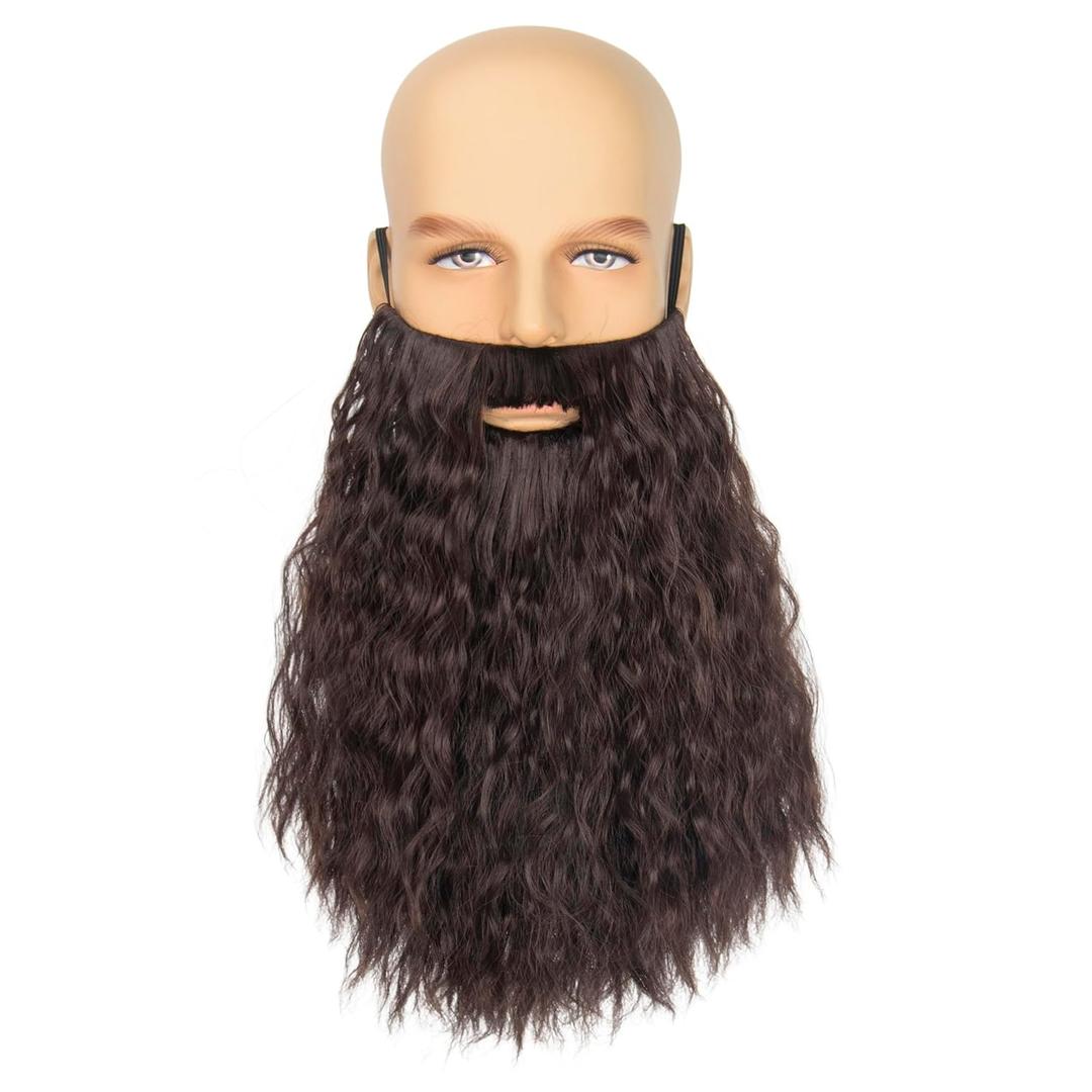 Yan Dream Men Long Curly Wizard Beard with Elastic Band Adult Novelty Costume Facial Hair Cosplay Party Mustache (Brown)