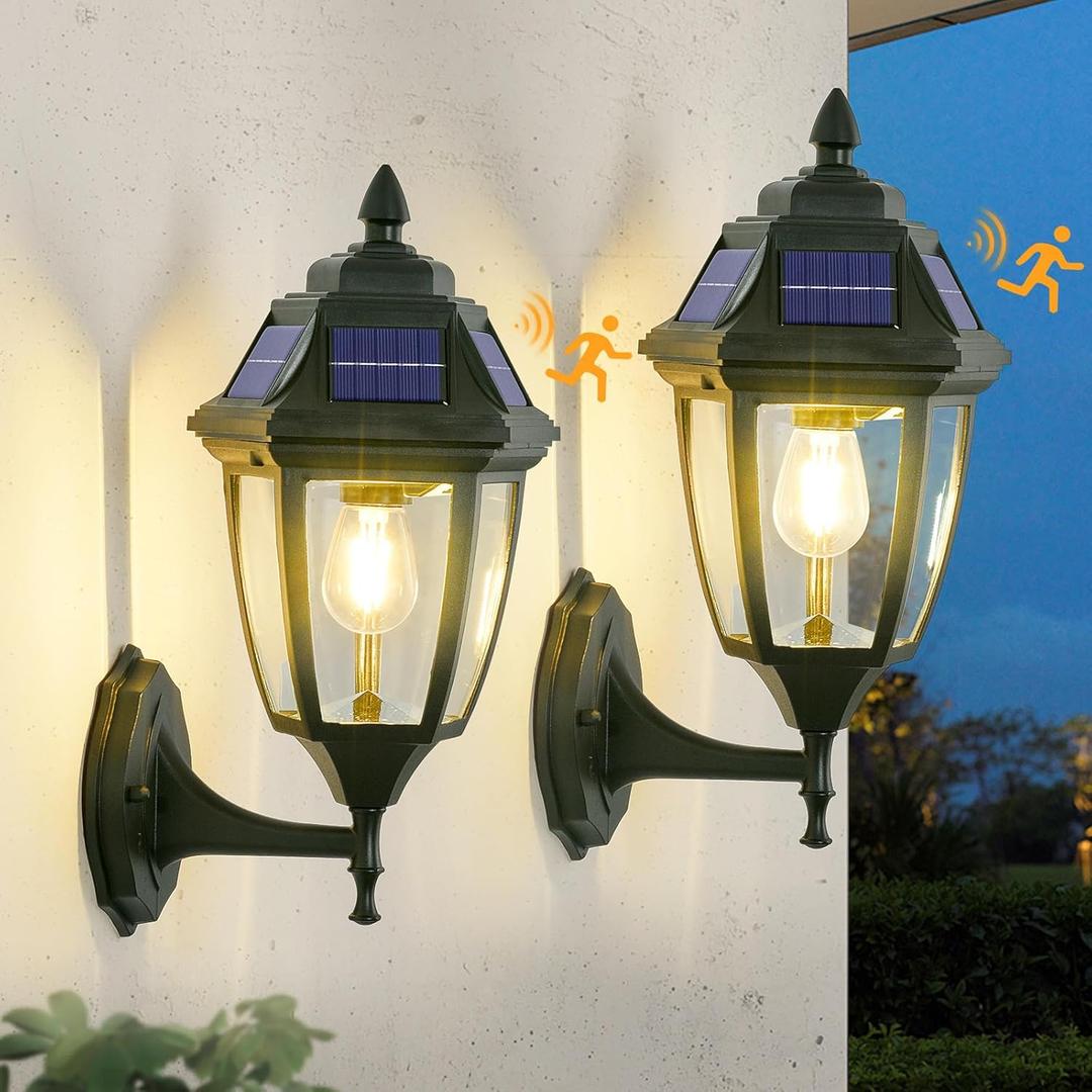 Solar Porch Lights Pack of 2, Motion Sensor Solar Sconce Lights Outdoor, Aluminum Solar Powered Outdoor Wall Lights for House Front Porch Garage