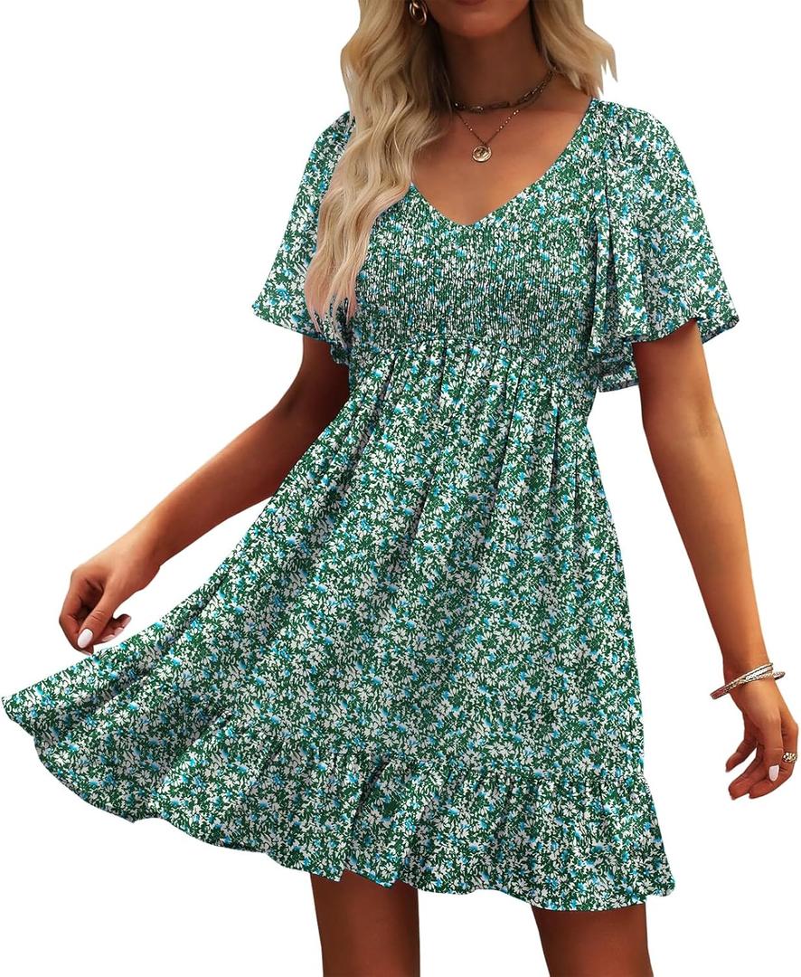 Womens Cute Floral Smocked V Neck Flutter Sleeve Sundress with Pockets Casual Spring Summer Dresses for Women 2025 (X-Large)