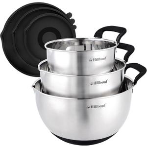 Hillbond Stainless Steel Bowls with Lids Set Mixing Bowls with Pour Spout, Silicone Handle and Non-Slip Bottoms for Baking, Metal Bowls Mixing Dishwasher Safe, Set of 3 (Black)