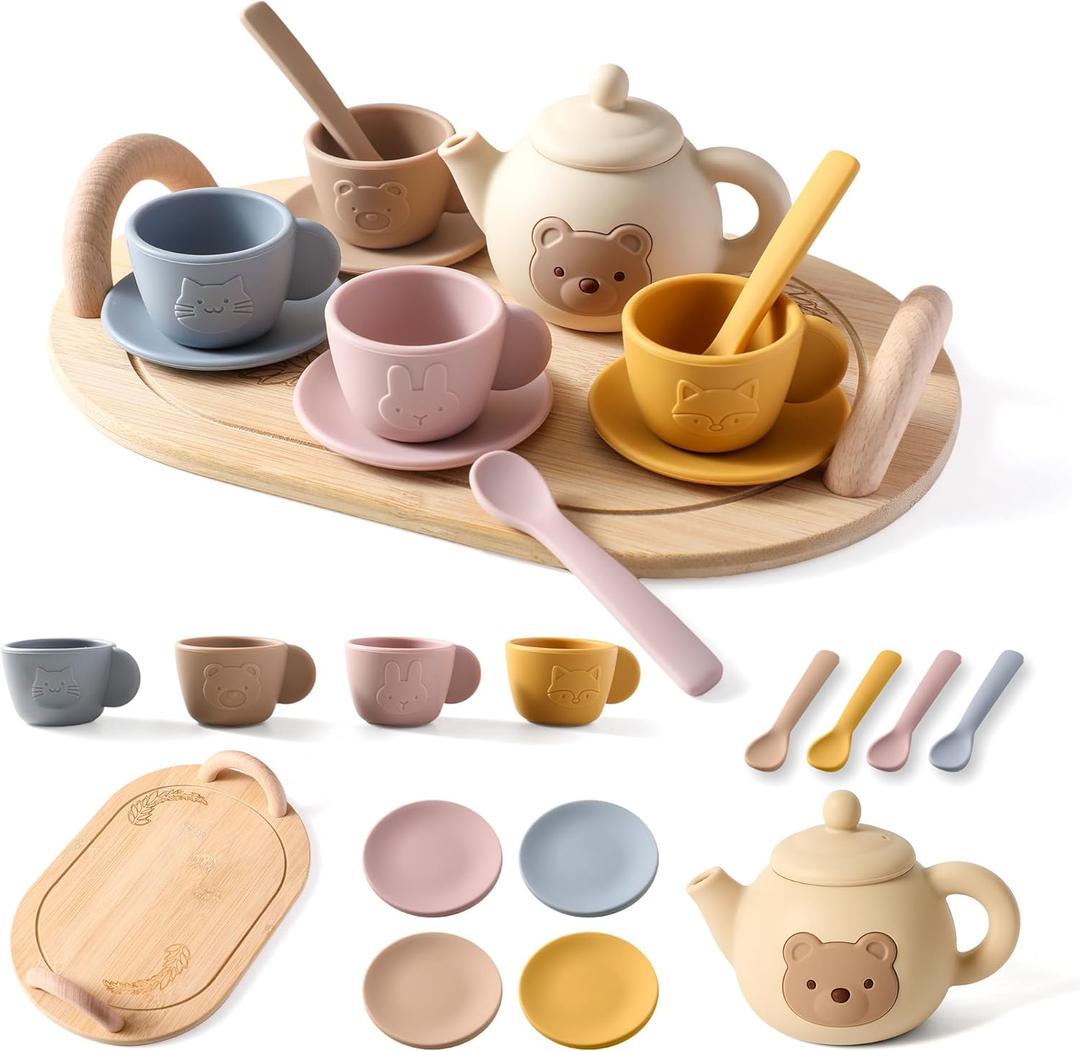 Tea Party Set for Little Girls 1-3 Kids Tea Set with Silicone Teapot Cups Coasters Carrying Scoop Wooden Tray, Kitchen Accessories Pretend Play for Girls Boys Age 3 4 5 (15 Pcs)