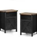 Farmhouse End Table, Nightstand, End Tables with Barn Door and Shelf, Wooden Sofa Side Table, Modern Bed Side Table Rustic Nightstands Set of 2, Bedroom, Living Room, Black