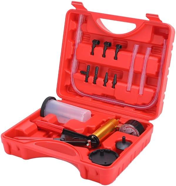 2 in 1 Brake Bleeder Kit with Hand Vacuum Pump with Gauge Adapters Automotive Brake Fluid Bleeding Set with Protected Case for Car Truck (Red)