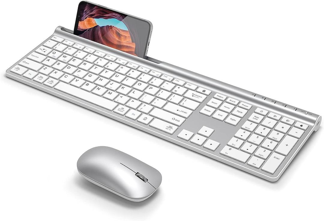 CHESONA Wireless Keyboard and Mouse Combo, Wireless Rechargeable Full Size Multi-Device (BT 5.0+3.0+2.4G) Keyboard Mouse Combo for Mac OS/iOS/Windows/Android (White)